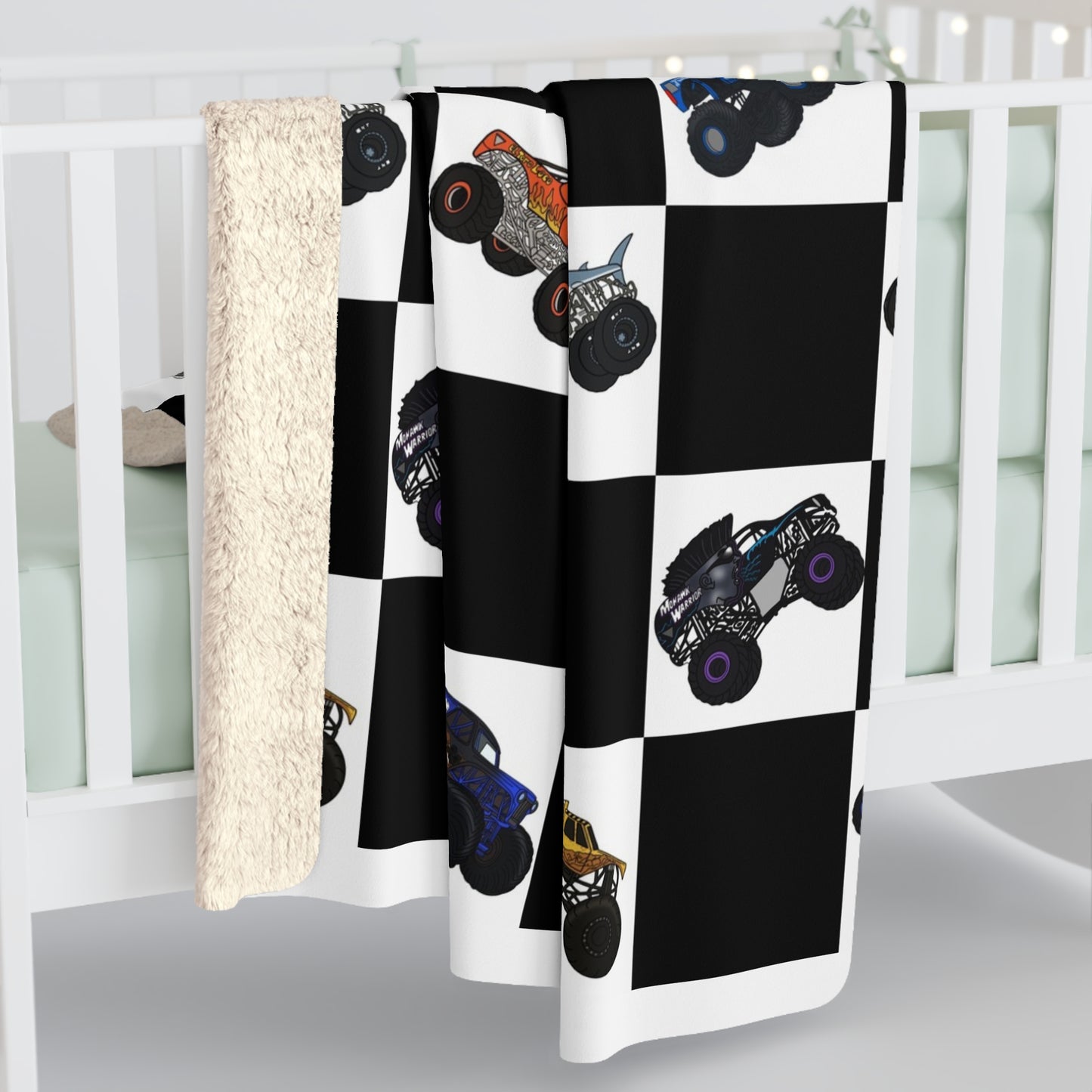 Sherpa Blanket — Checkered Monster Truck Throw for Kids & Fans