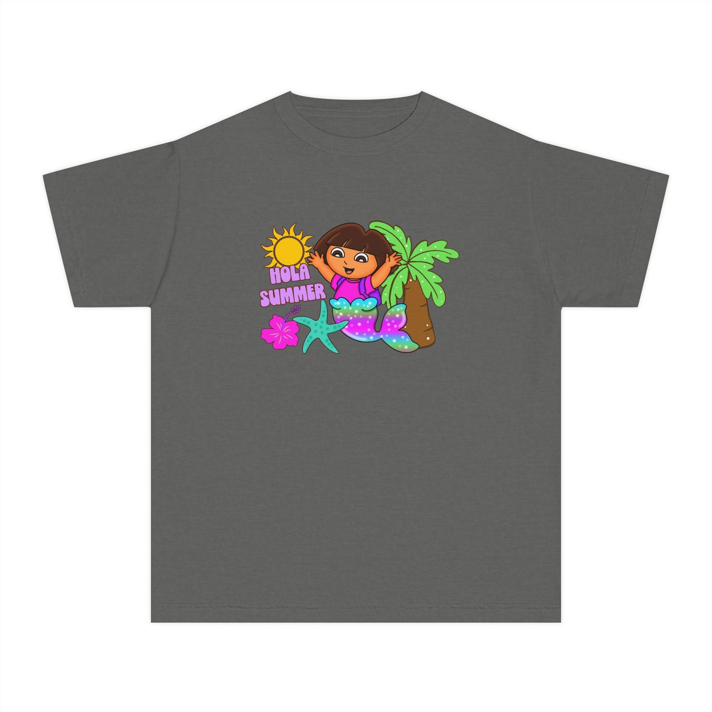 Tropical Kids Tee — "Hello Summer" Palm Tree Surf Girl Youth T-Shirt