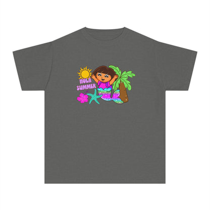 Tropical Kids Tee — "Hello Summer" Palm Tree Surf Girl Youth T-Shirt