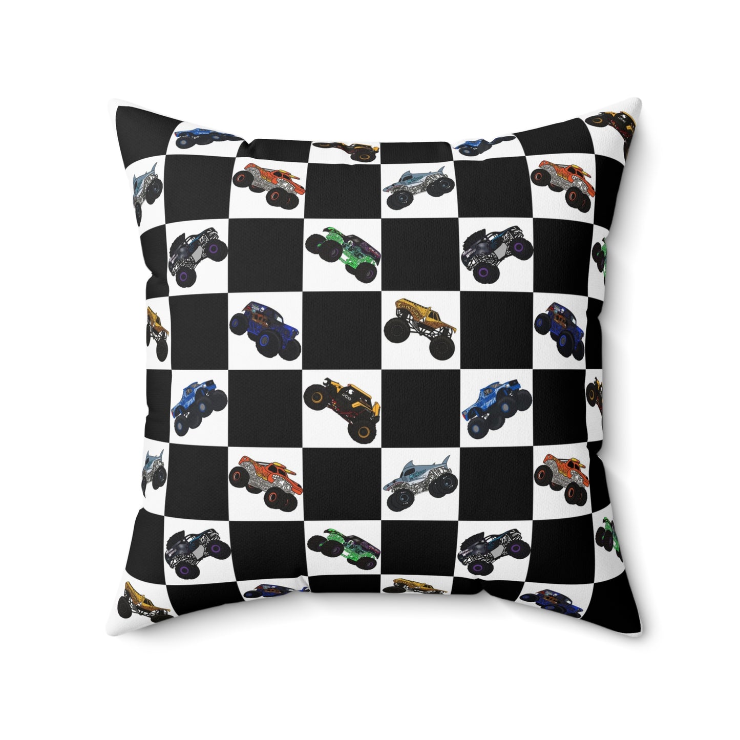 Race Car Checkered Pillow — Black & White Grid with Colorful Monster Trucks