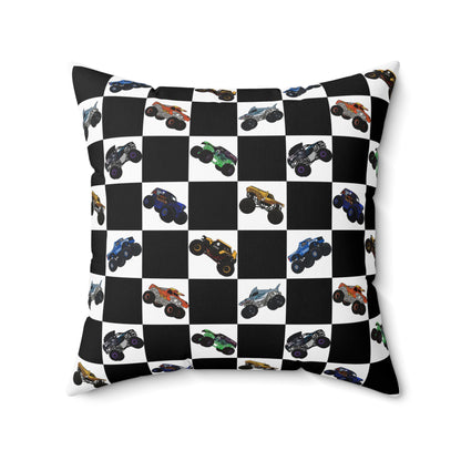 Race Car Checkered Pillow — Black & White Grid with Colorful Monster Trucks