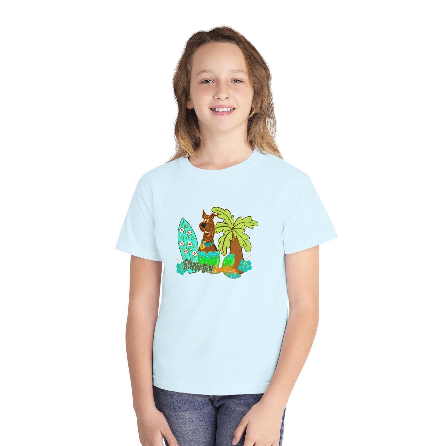 Youth Surf Llama Tee — Tropical Palm & Surfboard Kids Shirt