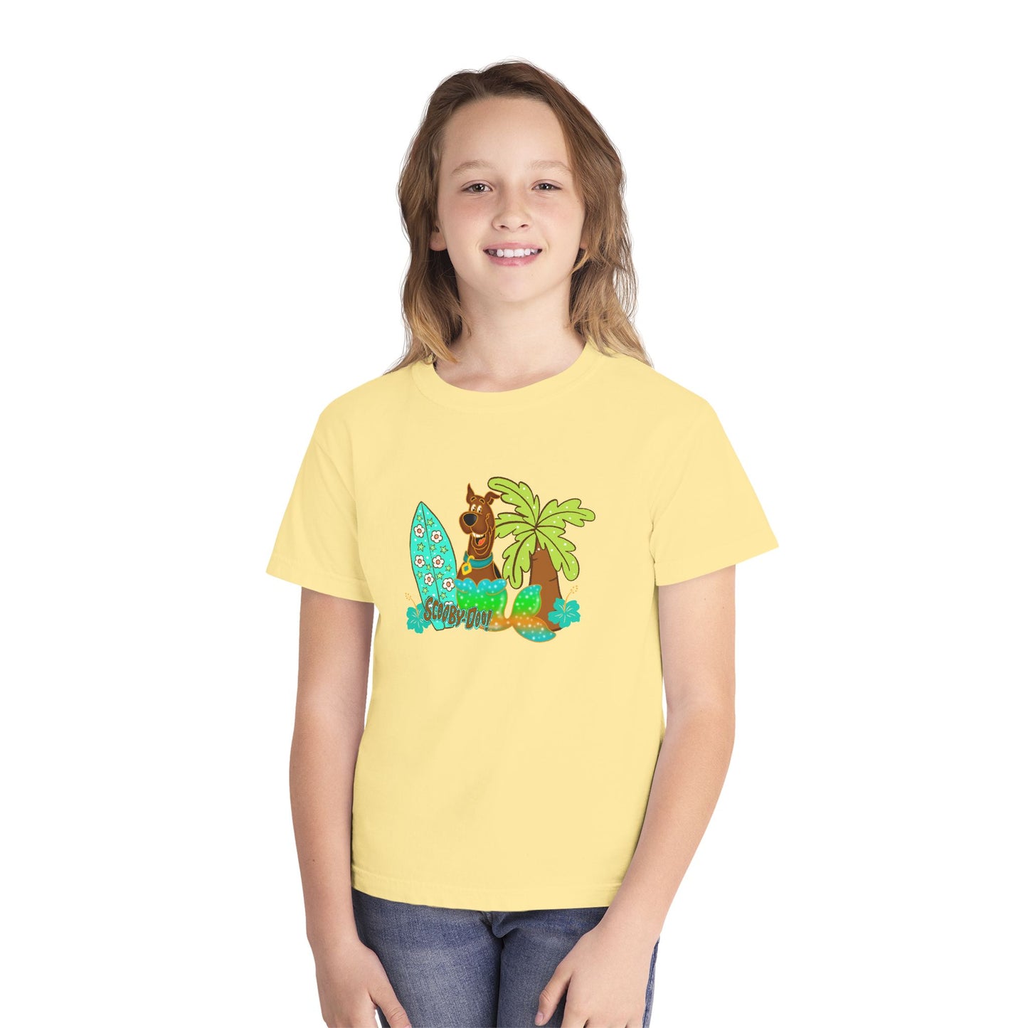 Youth Surf Llama Tee — Tropical Palm & Surfboard Kids Shirt