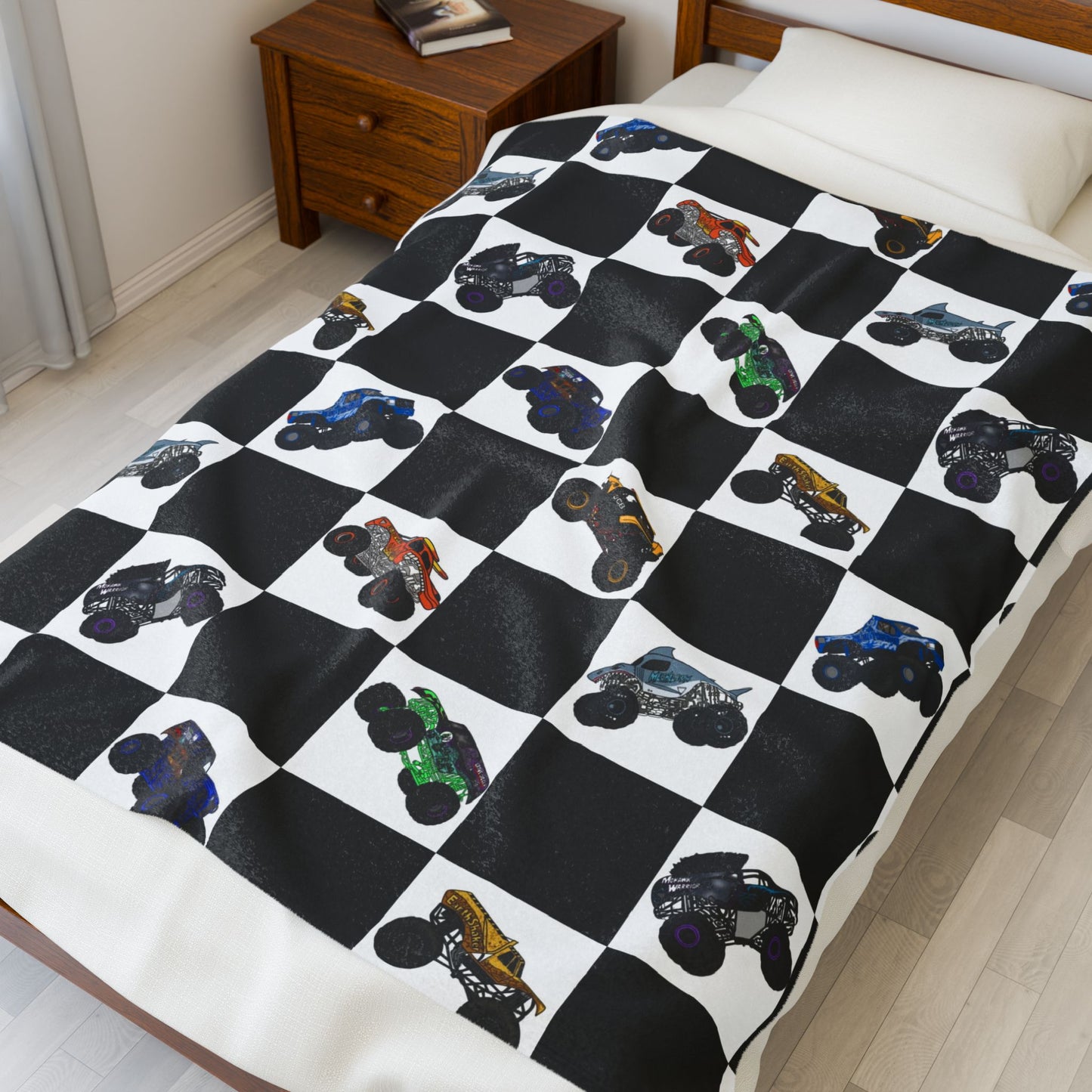 Monster Truck Checkered Velveteen Plush Blanket — Kids Racing Throw