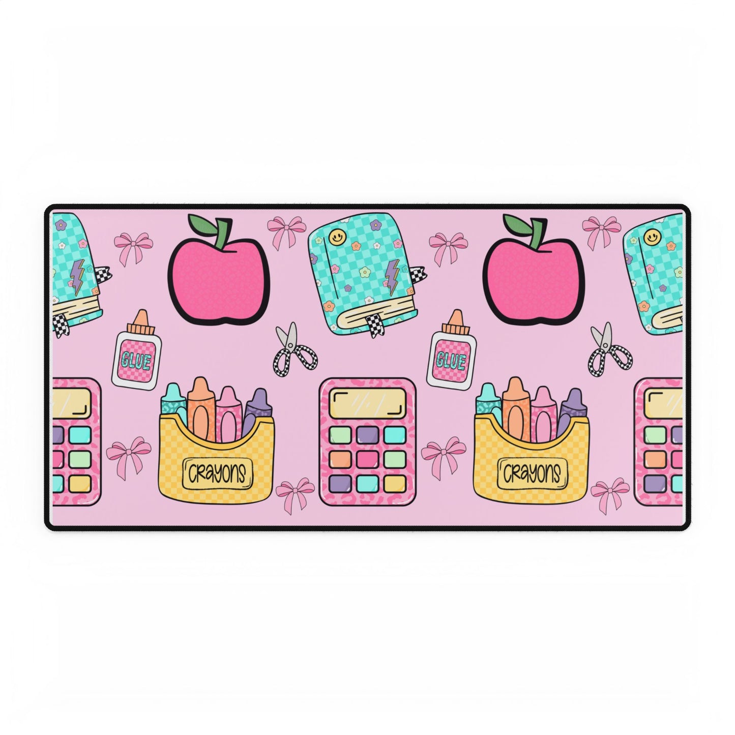 Cute School Supplies Desk Mat — Pink Apples, Crayons & Back-to-School Pattern