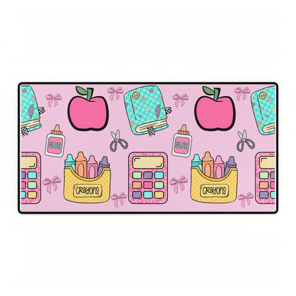 Cute School Supplies Desk Mat — Pink Apples, Crayons & Back-to-School Pattern