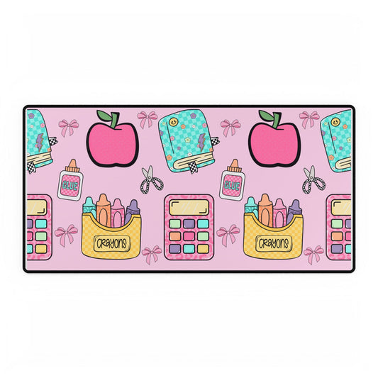 Cute School Supplies Desk Mat — Pink Apples, Crayons & Back-to-School Pattern