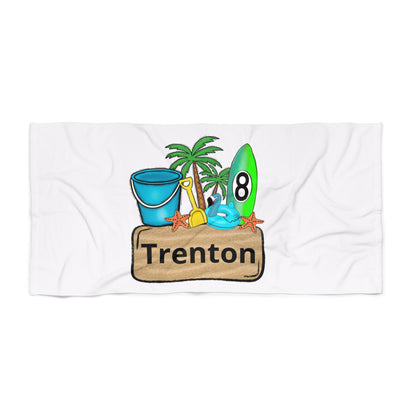 Personalized Beach Towel — Tropical Surf & Sand Design with Name (Trenton)