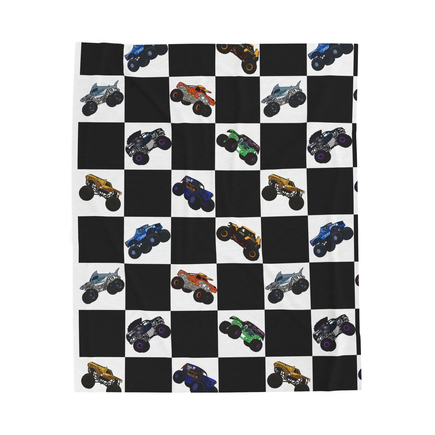 Monster Truck Checkered Velveteen Plush Blanket — Kids Racing Throw