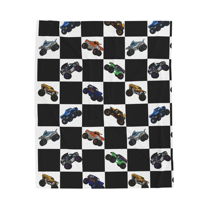 Monster Truck Checkered Velveteen Plush Blanket — Kids Racing Throw