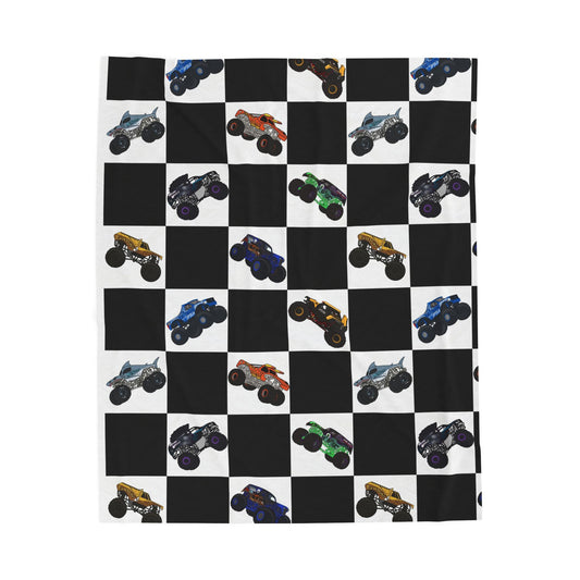 Monster Truck Checkered Velveteen Plush Blanket — Kids Racing Throw