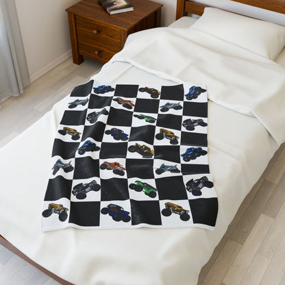 Monster Truck Checkered Velveteen Plush Blanket — Kids Racing Throw