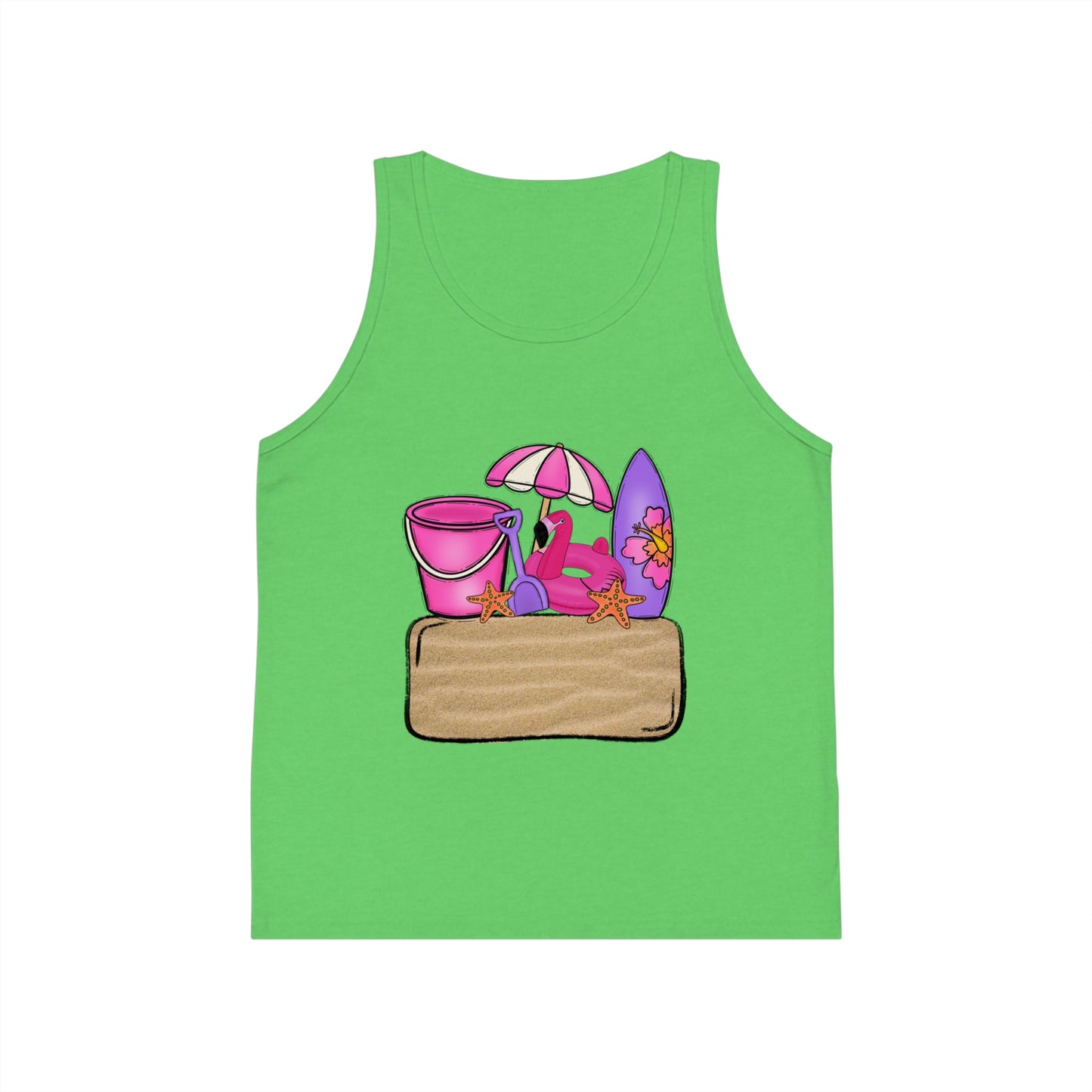 Kids Summer Beach Tank Top — Pink Crab, Surfboard & Sand Pail Graphic