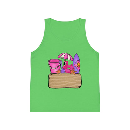 Kids Summer Beach Tank Top — Pink Crab, Surfboard & Sand Pail Graphic