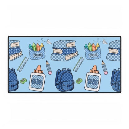 School Supplies Blue Desk Mat — Backpack, Books, Crayons Pattern