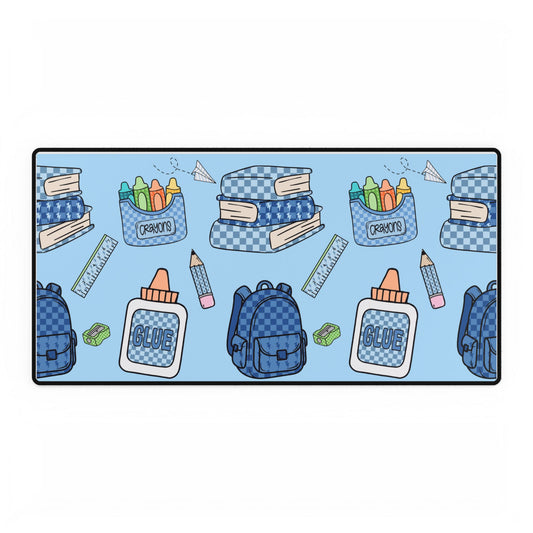 School Supplies Blue Desk Mat — Backpack, Books, Crayons Pattern