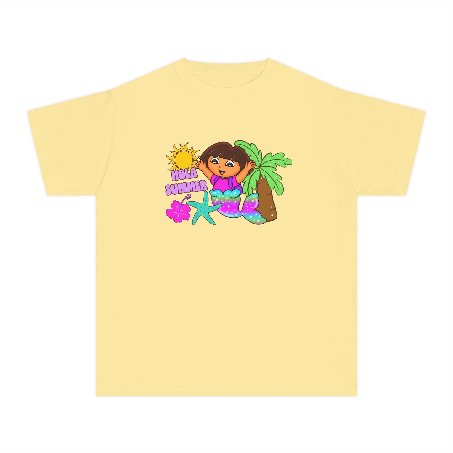 Tropical Kids Tee — "Hello Summer" Palm Tree Surf Girl Youth T-Shirt