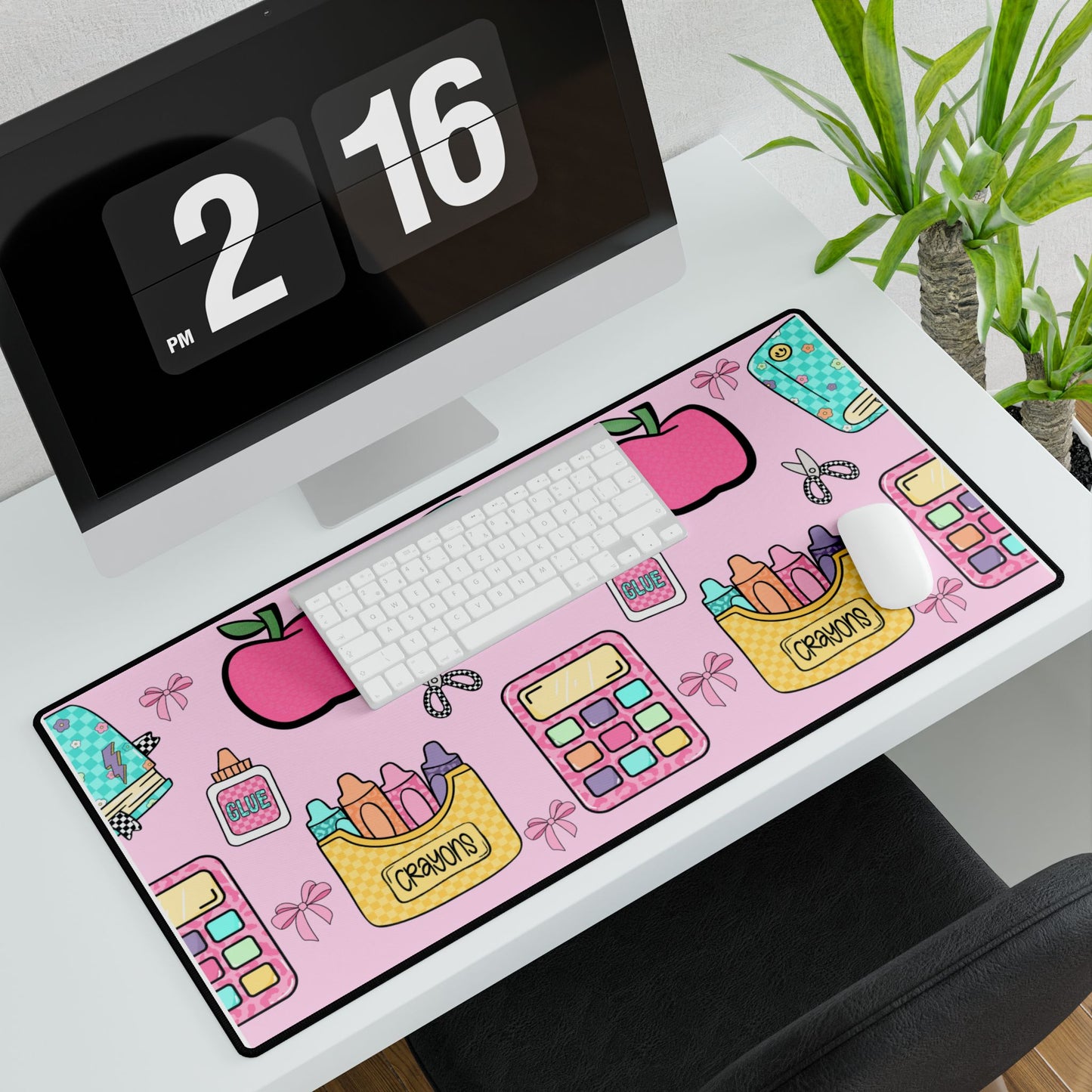 Cute School Supplies Desk Mat — Pink Apples, Crayons & Back-to-School Pattern