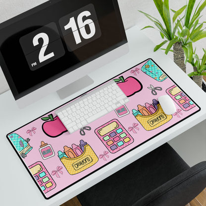 Cute School Supplies Desk Mat — Pink Apples, Crayons & Back-to-School Pattern