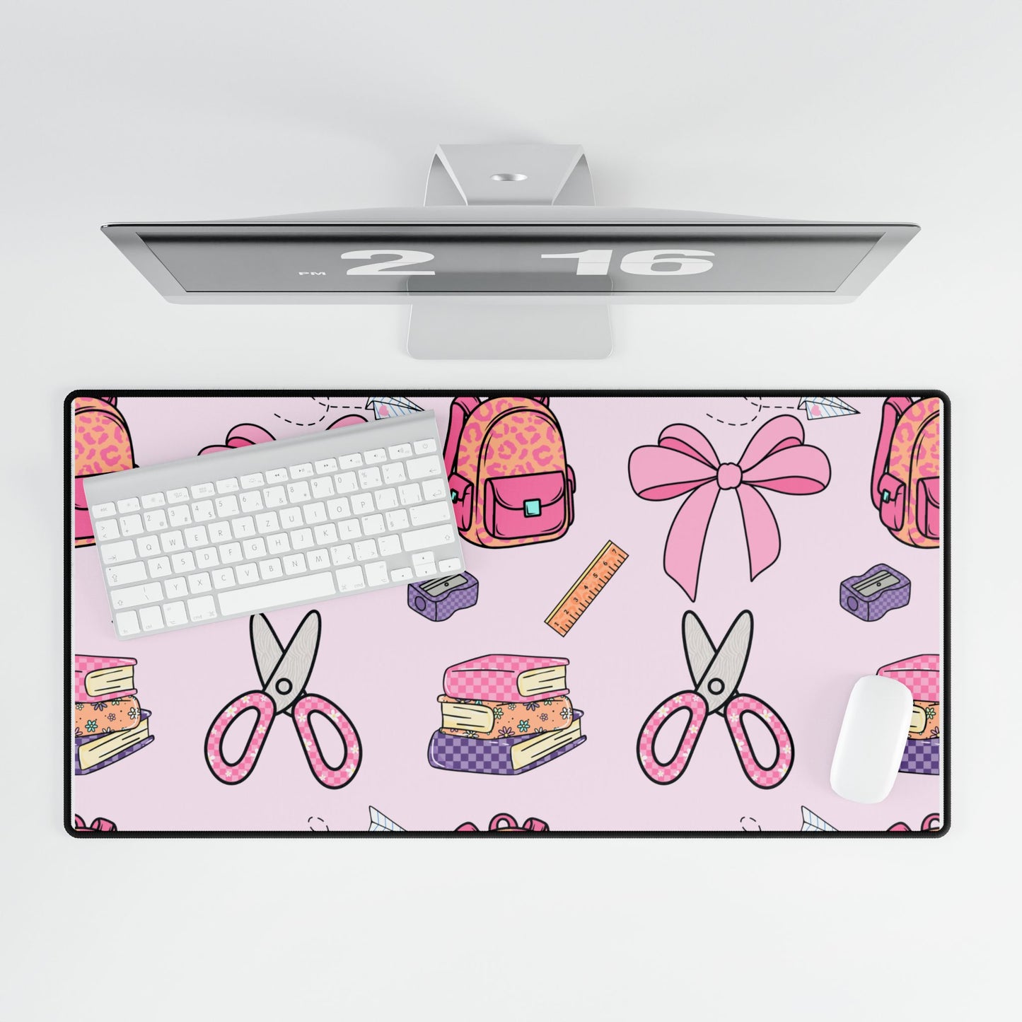 Pink School Supplies Desk Mat — Cute Scissors, Bows & Backpack Mouse Pad