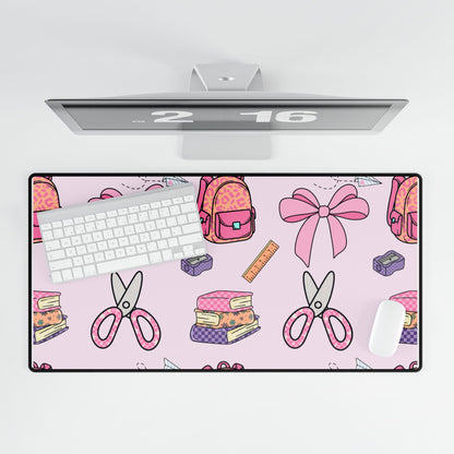 Pink School Supplies Desk Mat — Cute Scissors, Bows & Backpack Mouse Pad