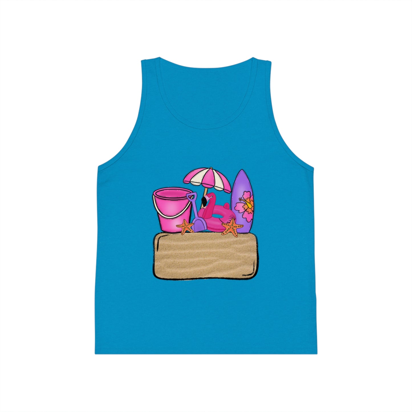 Kids Summer Beach Tank Top — Pink Crab, Surfboard & Sand Pail Graphic