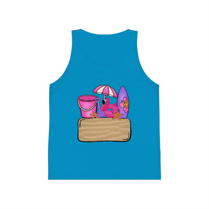 Kids Summer Beach Tank Top — Pink Crab, Surfboard & Sand Pail Graphic