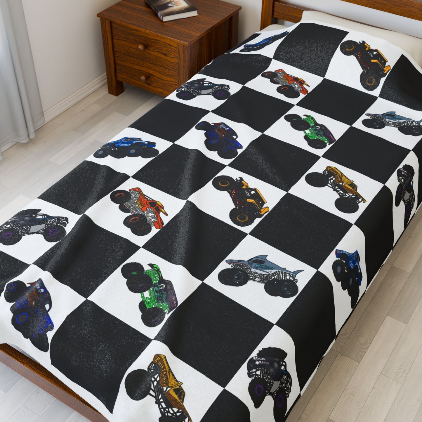 Monster Truck Checkered Velveteen Plush Blanket — Kids Racing Throw