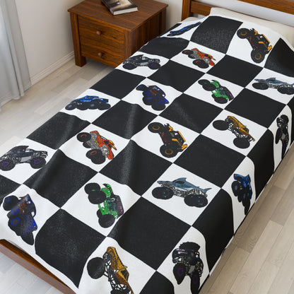 Monster Truck Checkered Velveteen Plush Blanket — Kids Racing Throw
