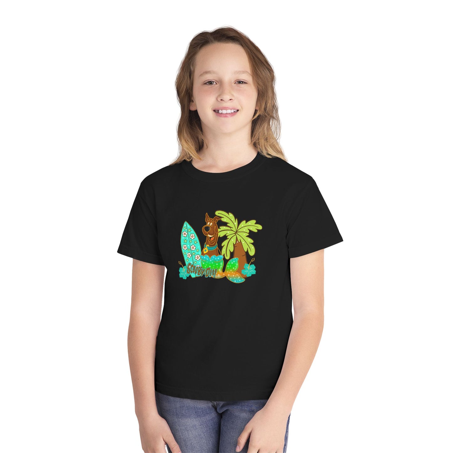 Youth Surf Llama Tee — Tropical Palm & Surfboard Kids Shirt