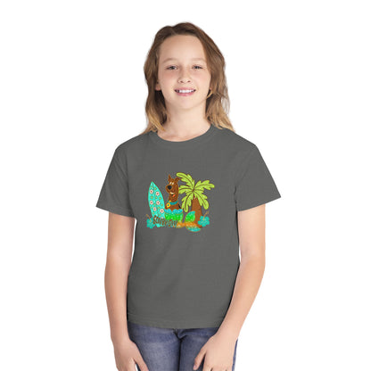 Youth Surf Llama Tee — Tropical Palm & Surfboard Kids Shirt