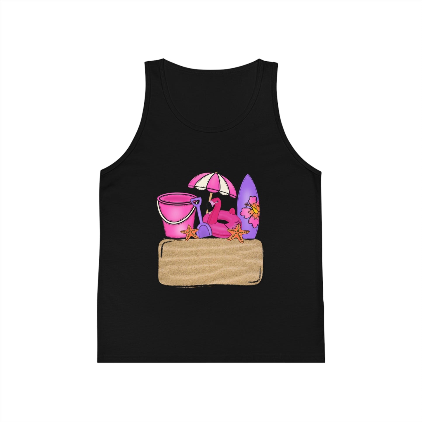 Kids Summer Beach Tank Top — Pink Crab, Surfboard & Sand Pail Graphic