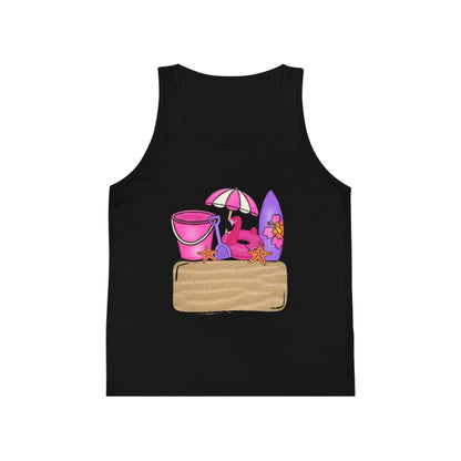 Kids Summer Beach Tank Top — Pink Crab, Surfboard & Sand Pail Graphic