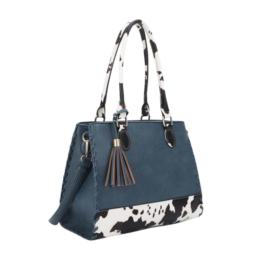 JessieJames Handbags  Montana Concealed Carry Lock and Key Whipstitch Cow Print Satchel Bag with Tassel - Tactical Guardian